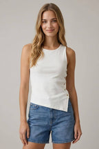 ASYMMETRICAL BUTTON DETAIL BOAT NECK TANK TOP