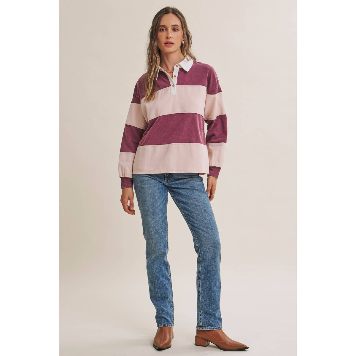 HERITAGE WEEKEND MINERAL-WASHED TWILL TERRY MIXED RUGBY TOP