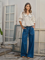 EMBORDIERED BIG COLLAR WRAP RUFFLE TOP