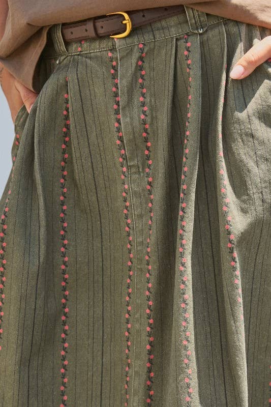 Embroidered Cotton Twill Belted Midi Skirt