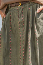 Embroidered Cotton Twill Belted Midi Skirt