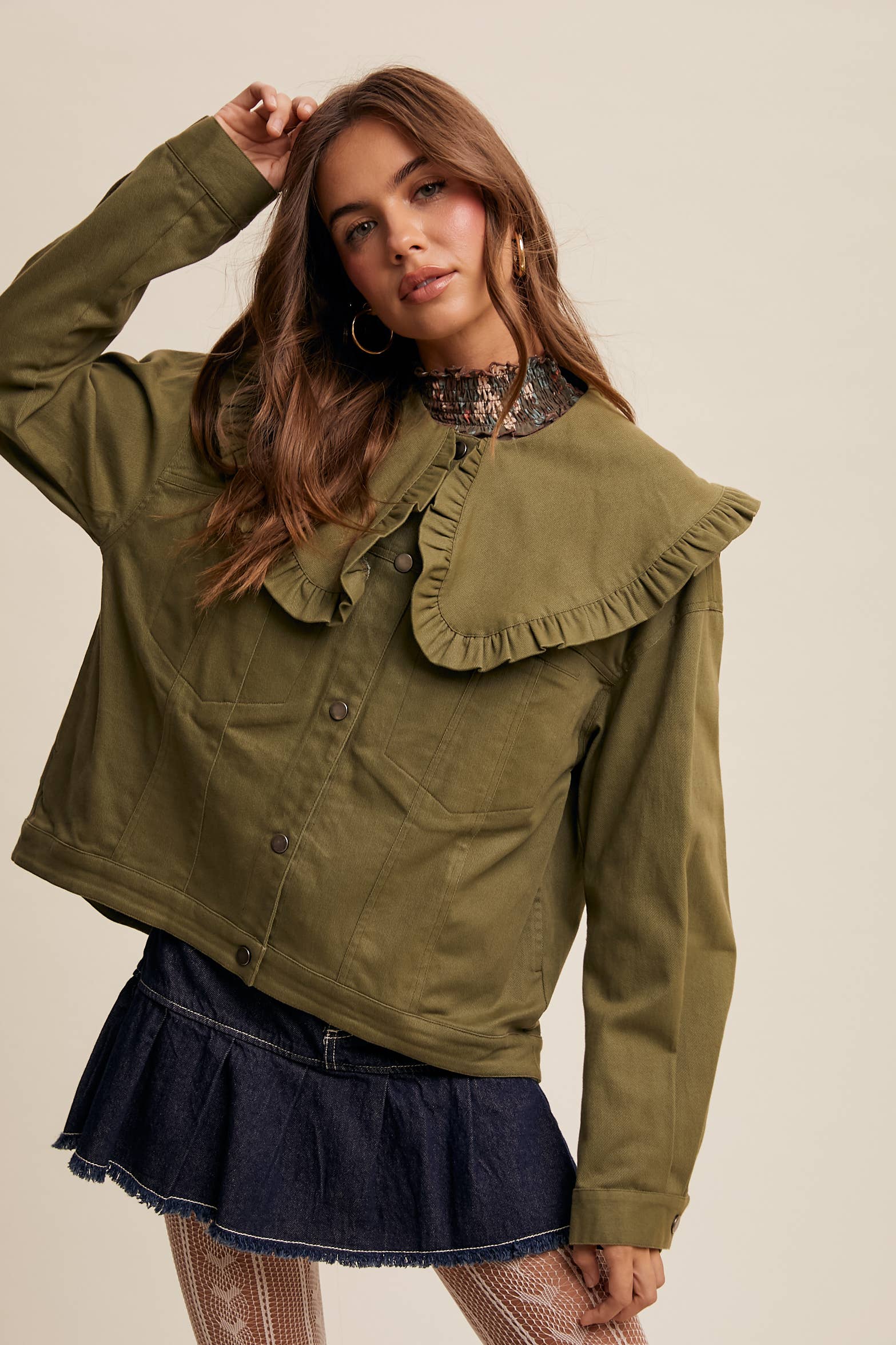 Ruffled Collar Denim Jacket