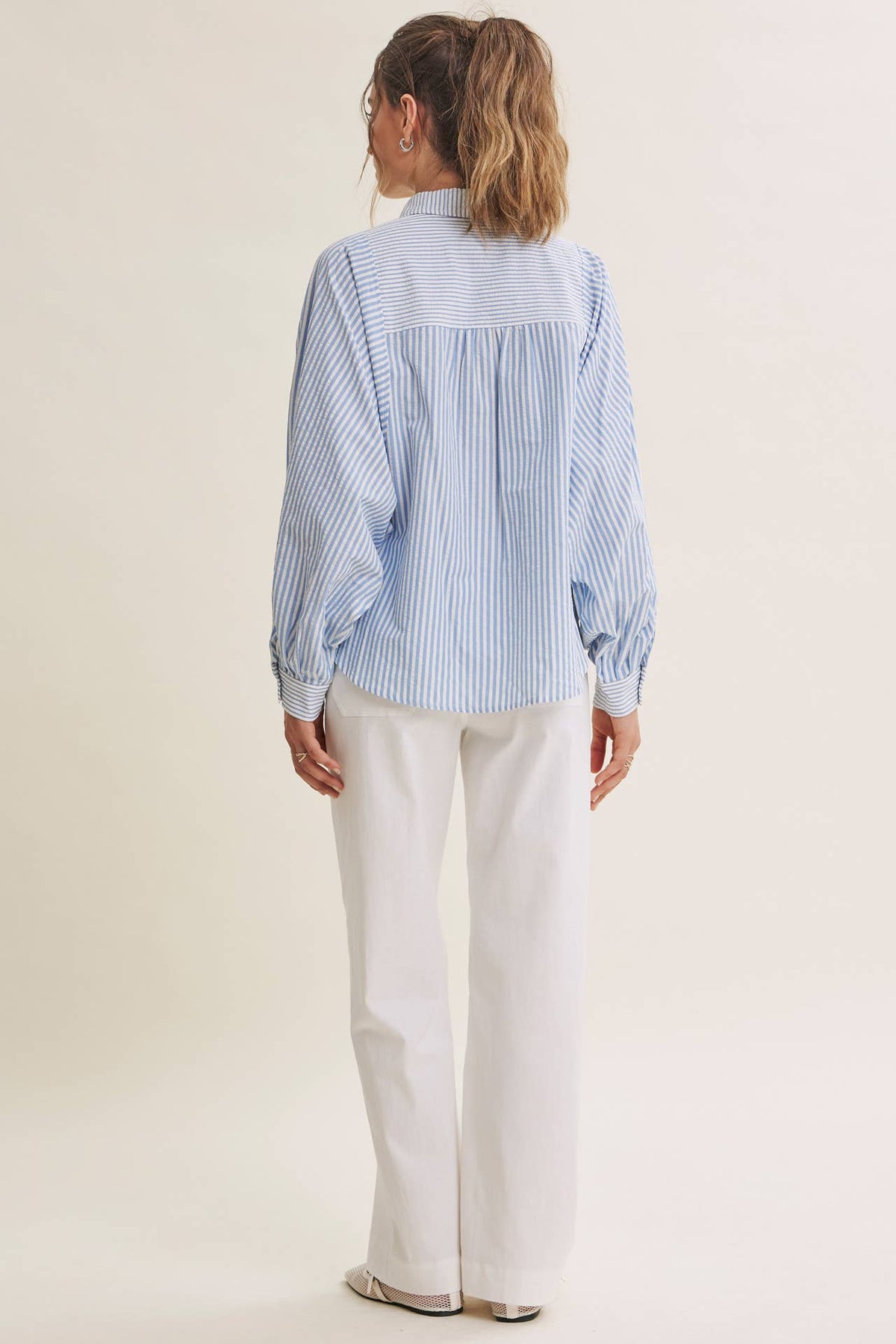 FRENCH CAFE MIXED STRIPE BATWING BUTTON-DOWN SHIRT