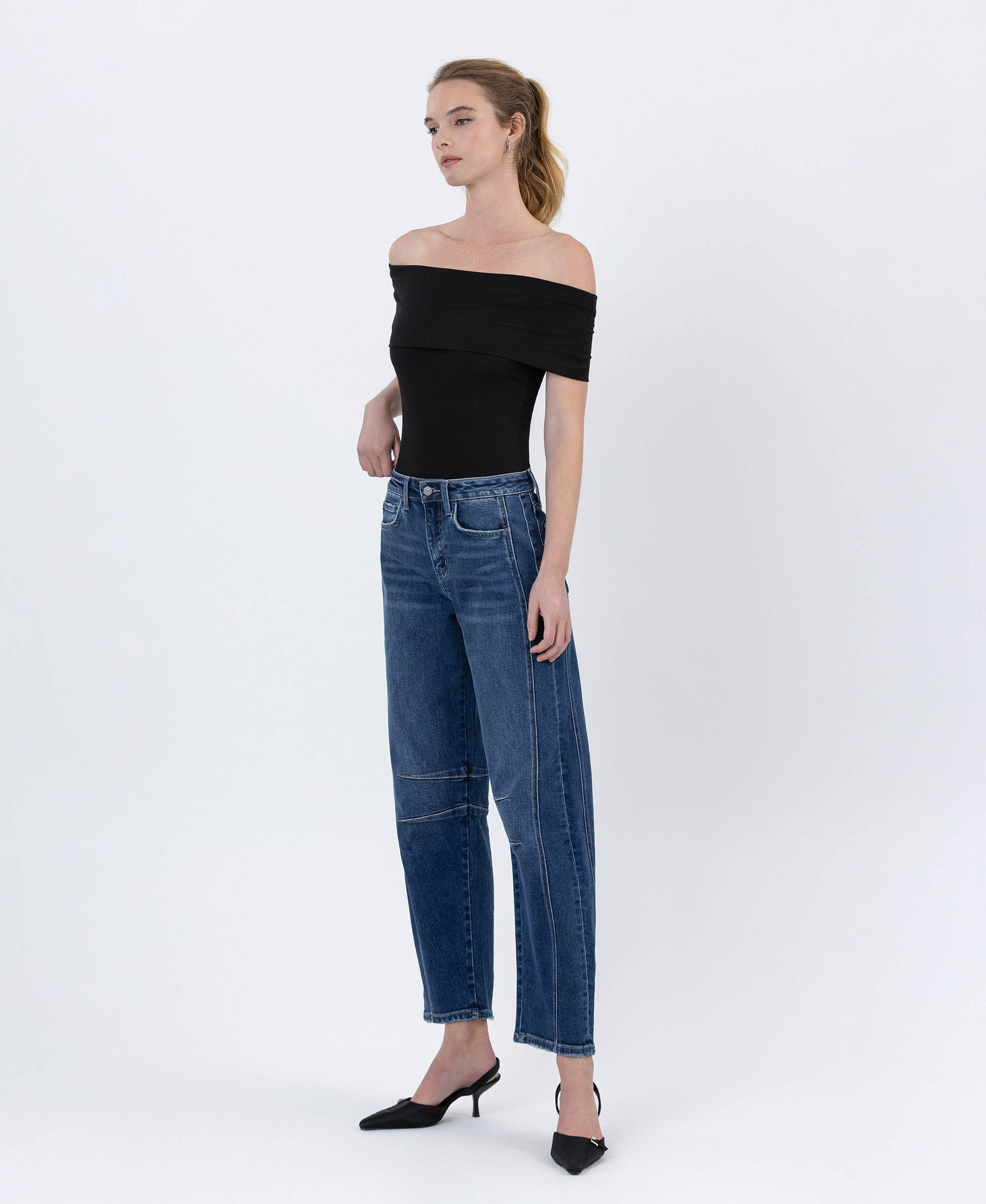 HIGH RISE DARK WASH BARREL LEG JEANS
