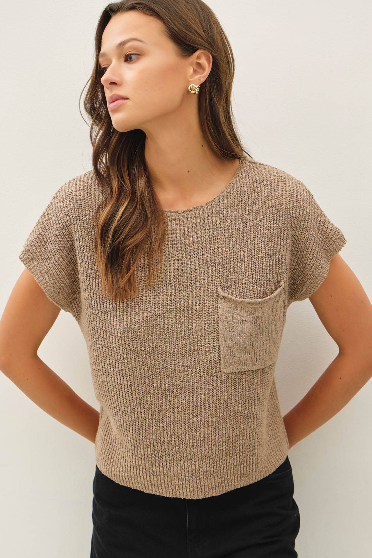 PATCH POCKET DOLMAN CAP SLEEVE BOXY KNIT