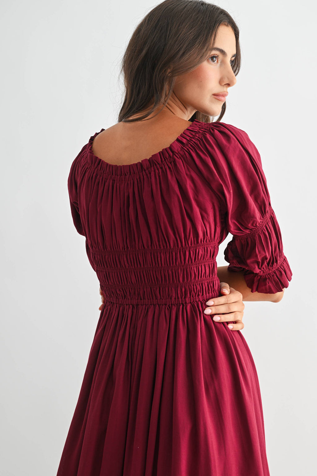 Smocked Midi Dress with Pleated Skirt