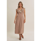 AUTUMN HARVEST RUFFLED PLAID BODY SKIMMING SLIT MIDI DRESS