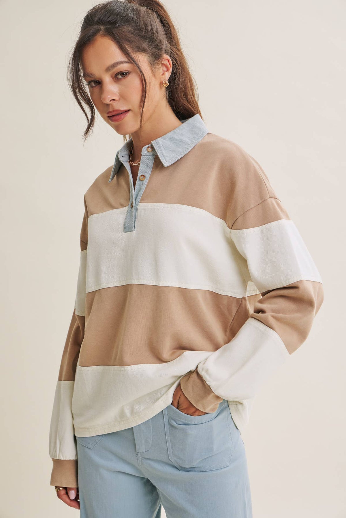 HERITAGE WEEKEND MINERAL-WASHED TWILL TERRY MIXED RUGBY TOP