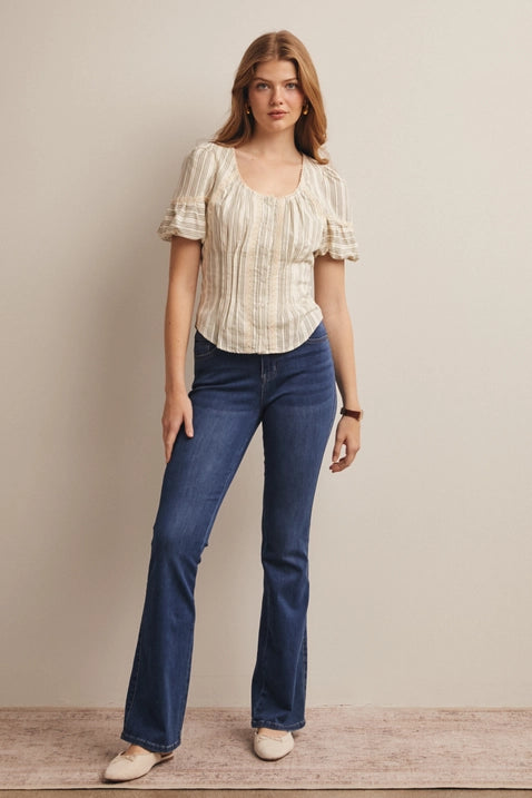 Striped Lace-Trim Puff Sleeve Blouse