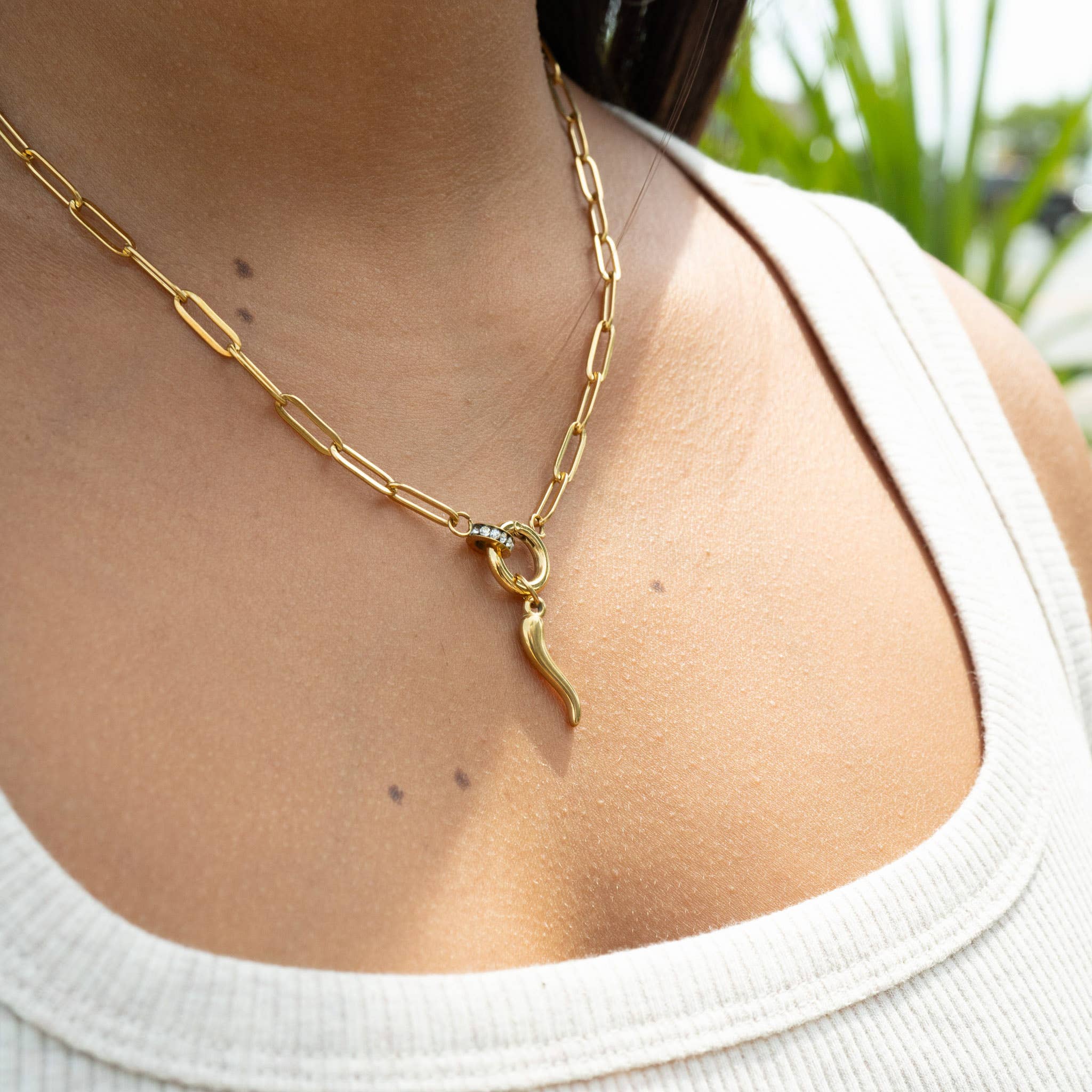 18K Gold Paperclip Rhinestone Necklace