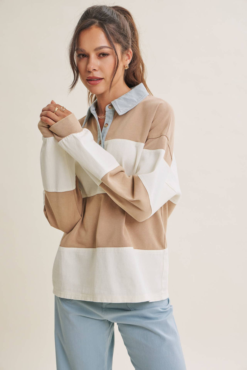 HERITAGE WEEKEND MINERAL-WASHED TWILL TERRY MIXED RUGBY TOP