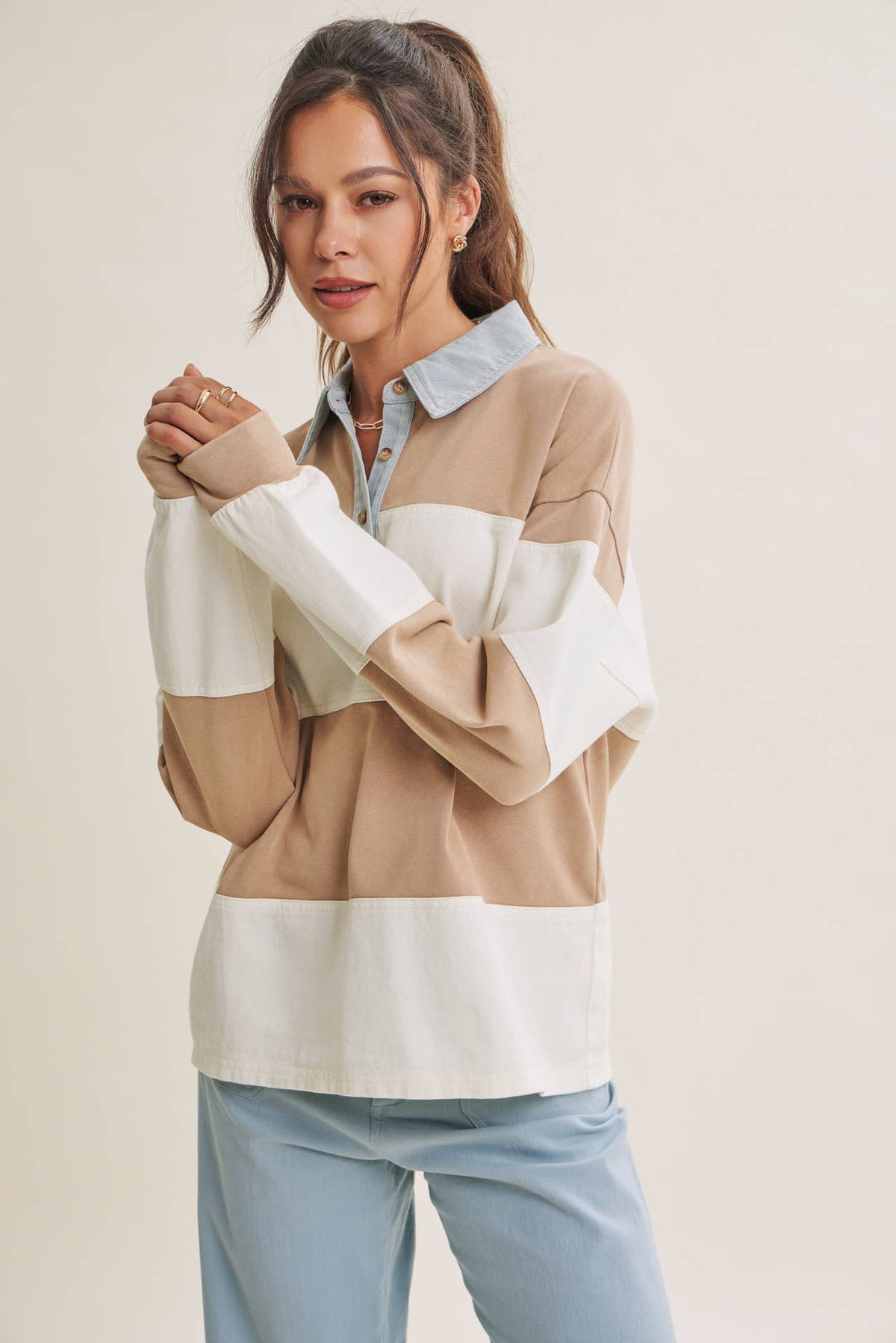 HERITAGE WEEKEND MINERAL-WASHED TWILL TERRY MIXED RUGBY TOP