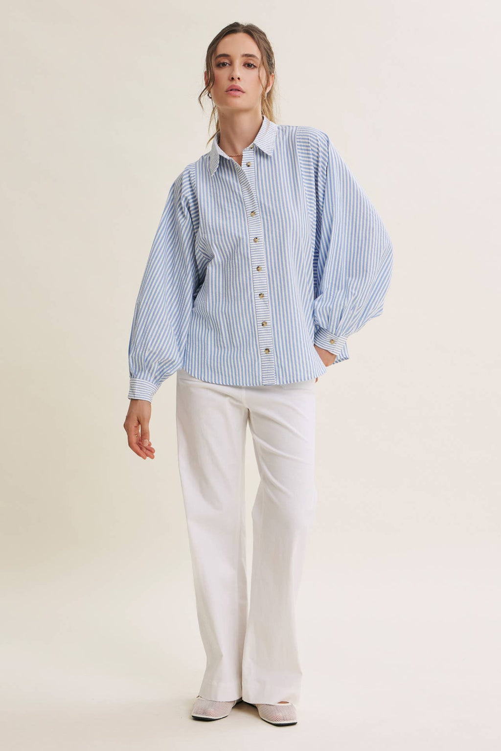 FRENCH CAFE MIXED STRIPE BATWING BUTTON-DOWN SHIRT