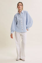 FRENCH CAFE MIXED STRIPE BATWING BUTTON-DOWN SHIRT