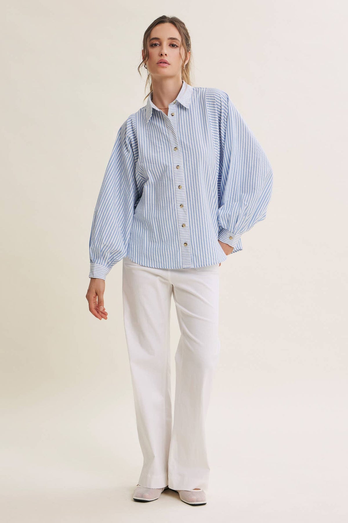 FRENCH CAFE MIXED STRIPE BATWING BUTTON-DOWN SHIRT