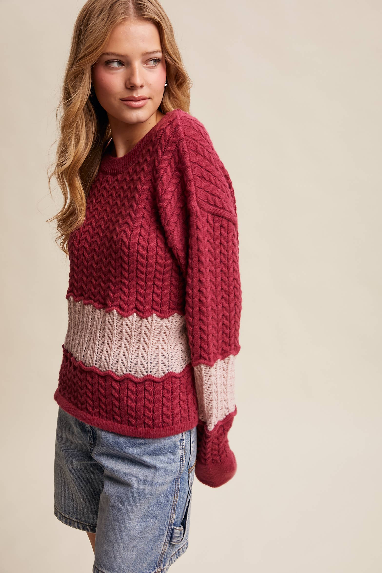 Colorblock Cable Knit Sweater