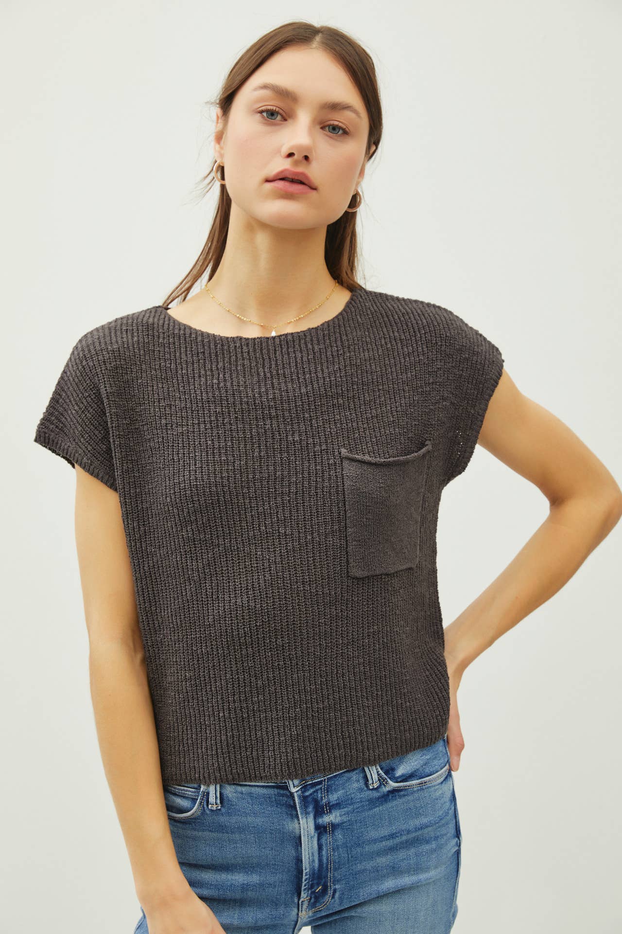 PATCH POCKET DOLMAN CAP SLEEVE BOXY KNIT