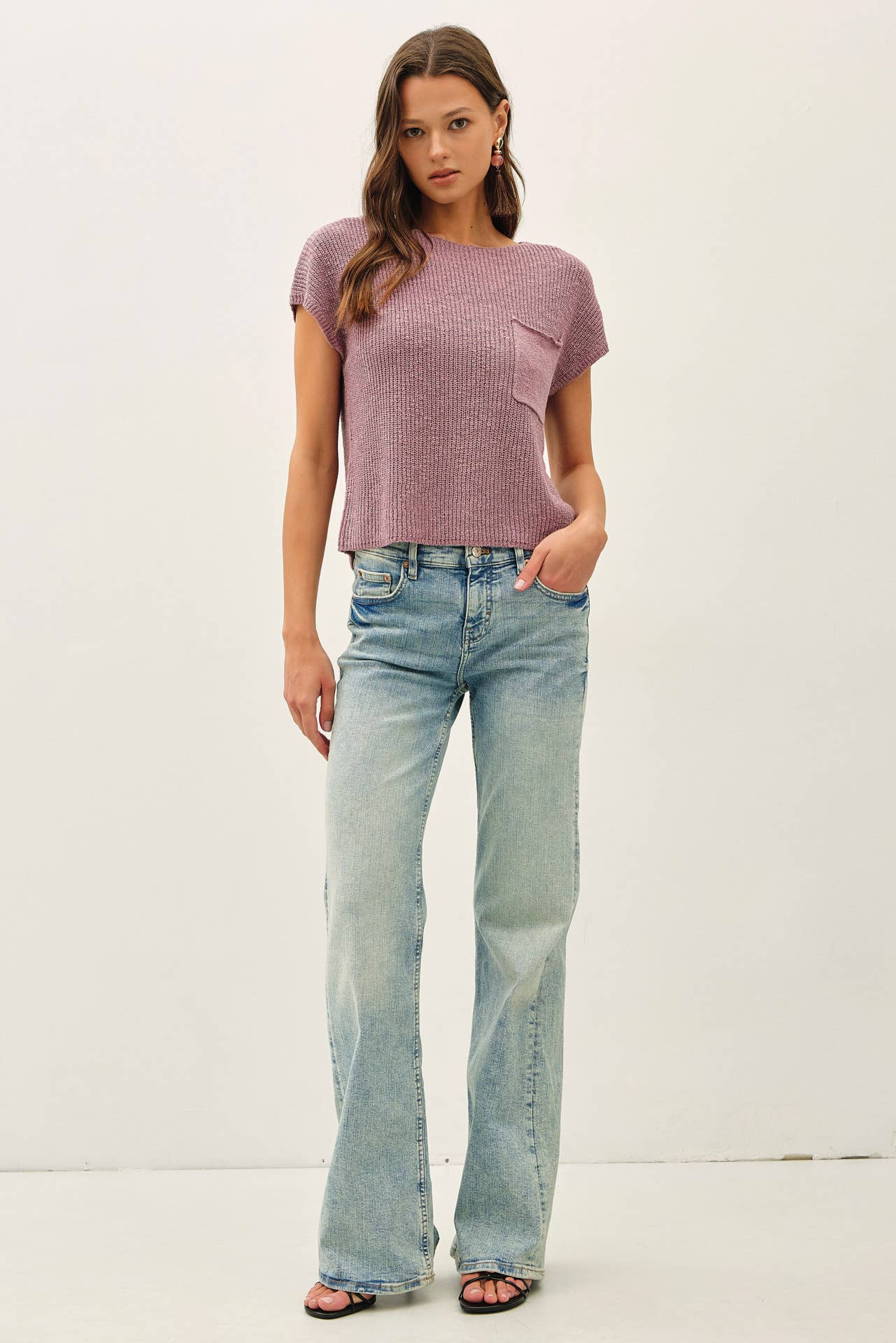 PATCH POCKET DOLMAN CAP SLEEVE BOXY KNIT