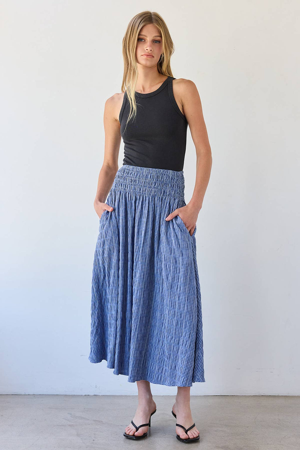 Smocked Waist Check Midi Skirt