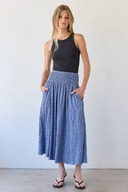 Smocked Waist Check Midi Skirt