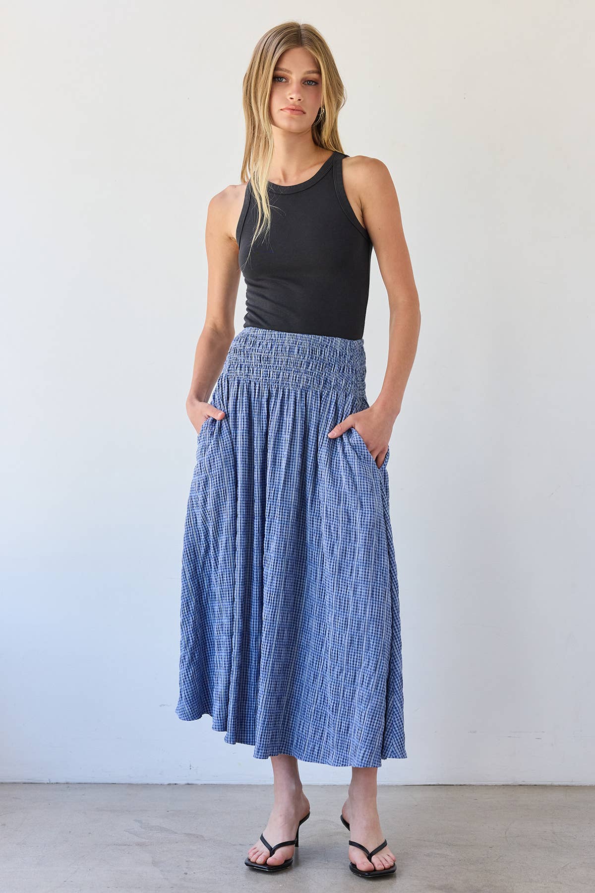 Smocked Waist Check Midi Skirt
