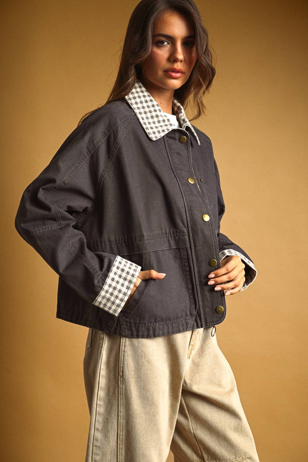 GINGHAM COLLARED TWILL JACKET