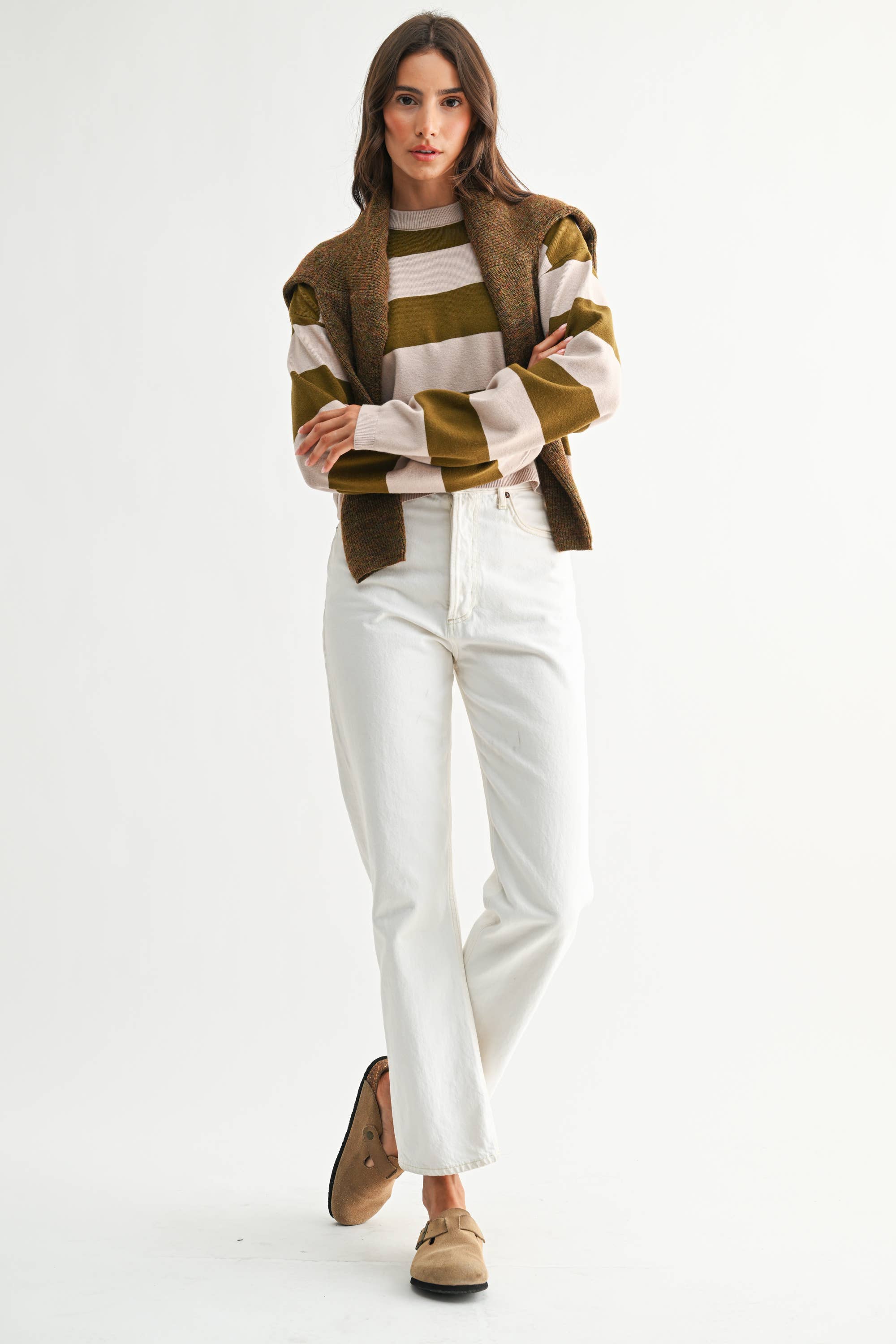 TAUPE AND OLIVE BOLD STRIPE SWATER
