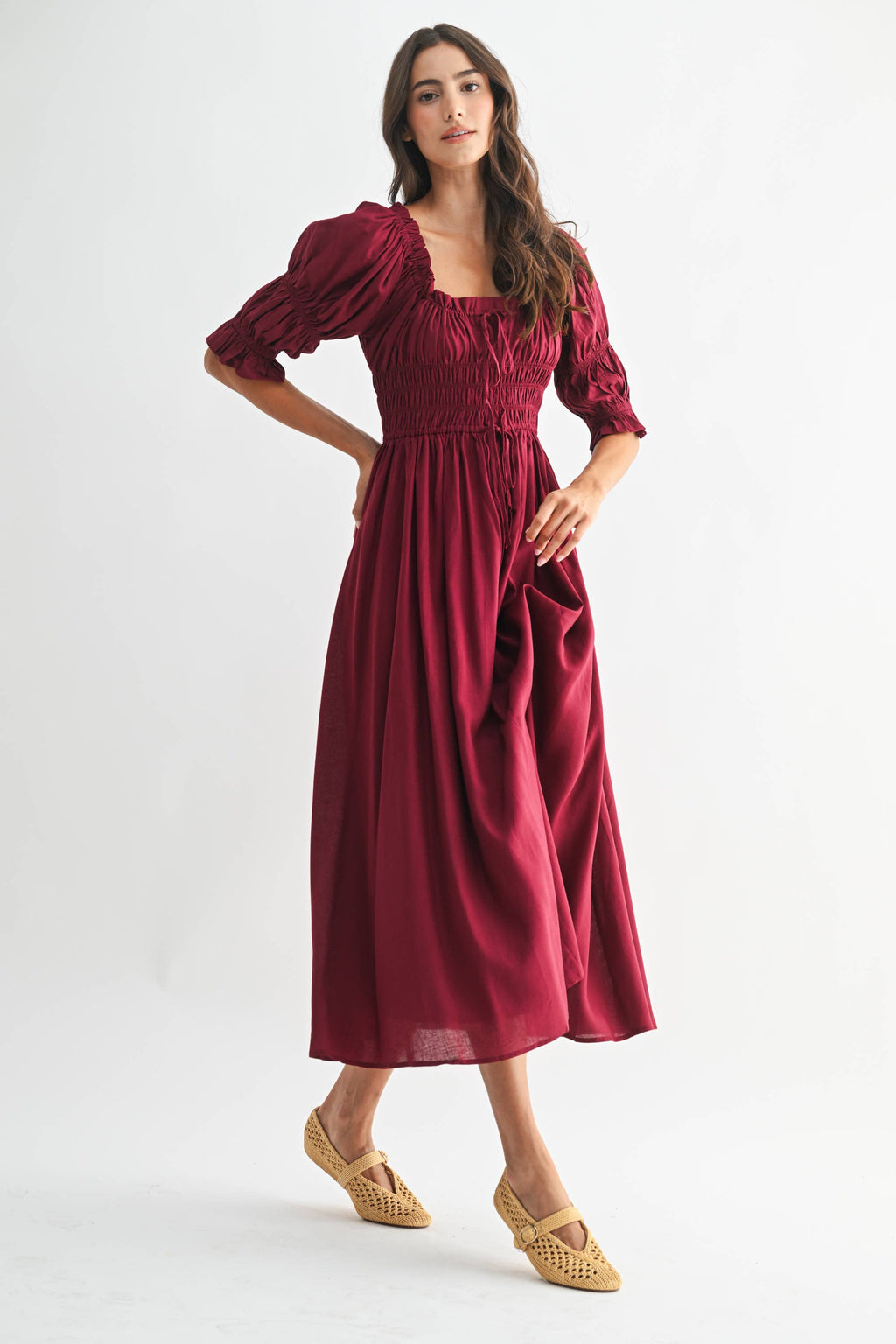 Smocked Midi Dress with Pleated Skirt