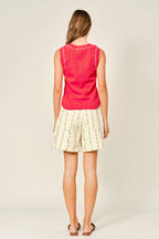 FLOWER EMBROIDERED FLARE SHORTS WITH DRAWSTRING WAIS