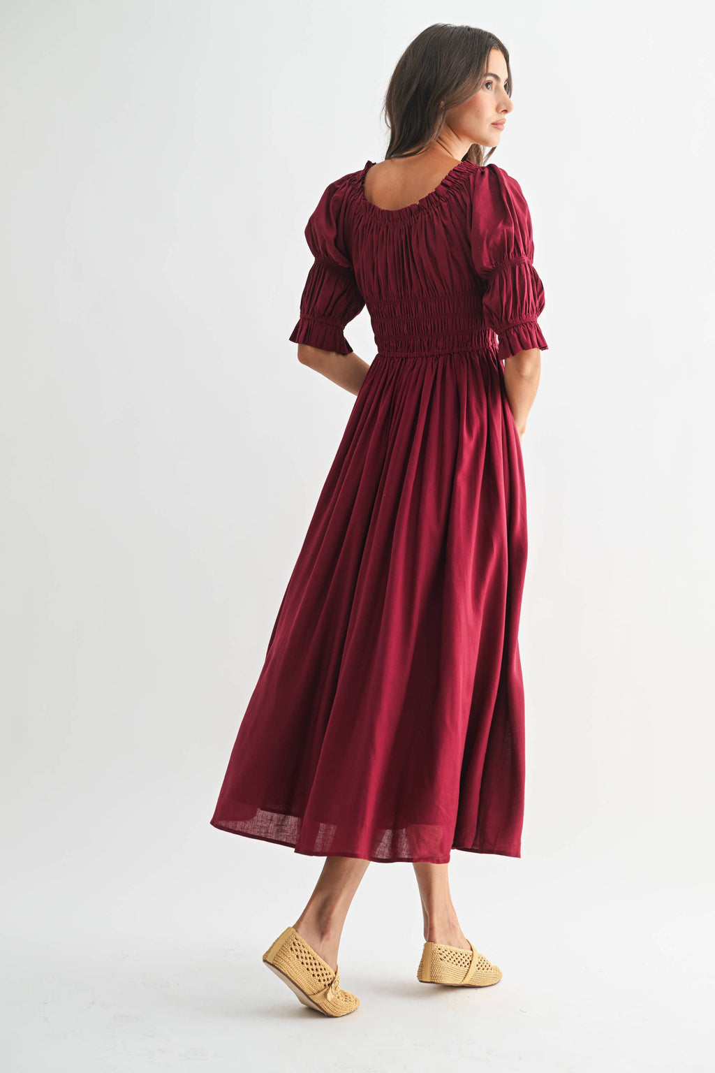 Smocked Midi Dress with Pleated Skirt