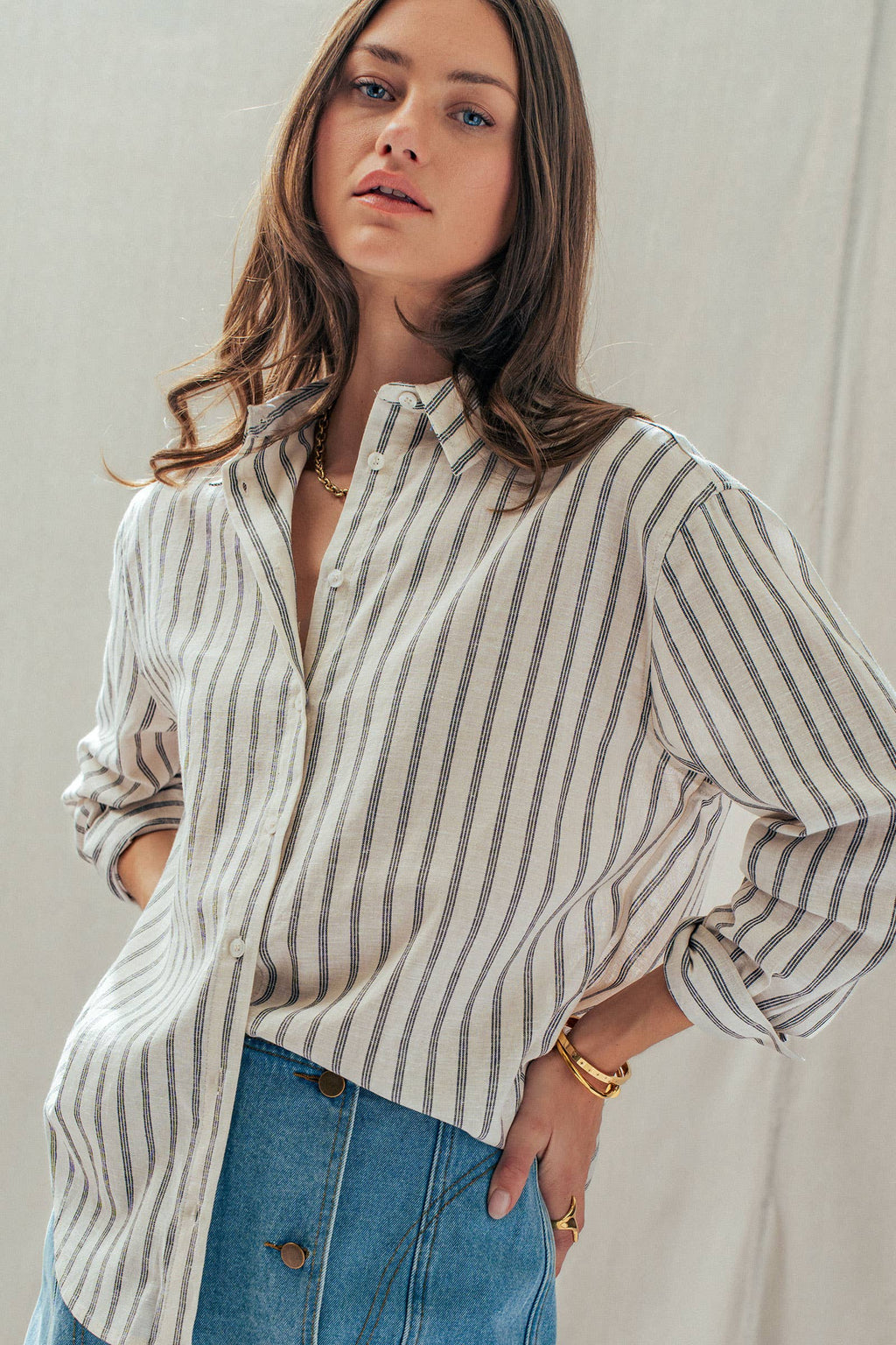 Striped Linen Blend Button Up Shirt