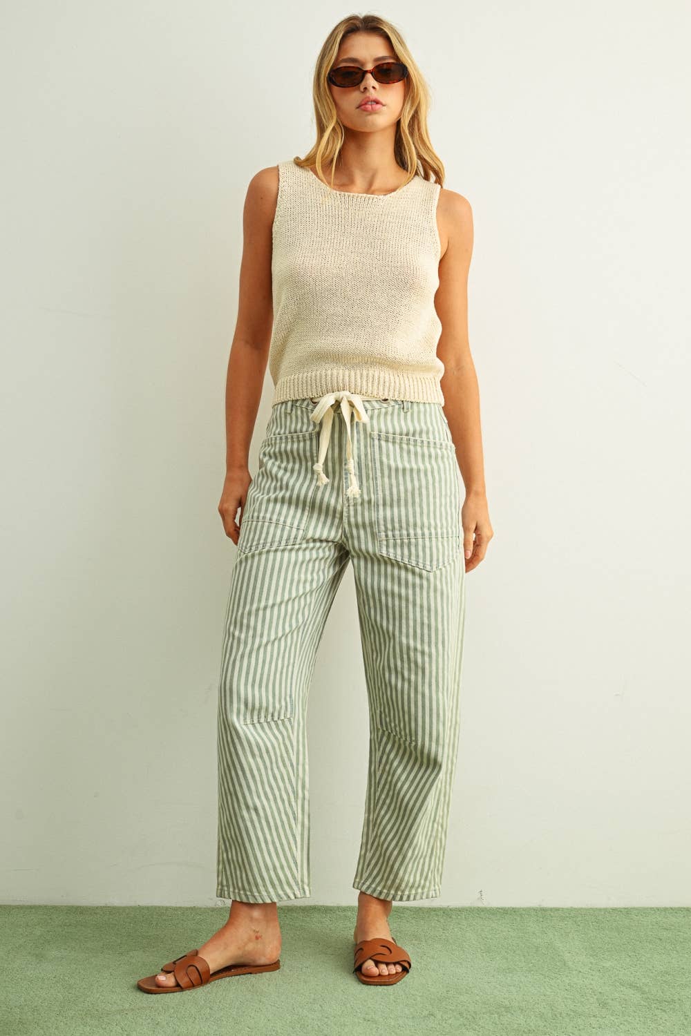 STRIPE PRINTED BARREL PANTS WITH COTTON TAPE BELT