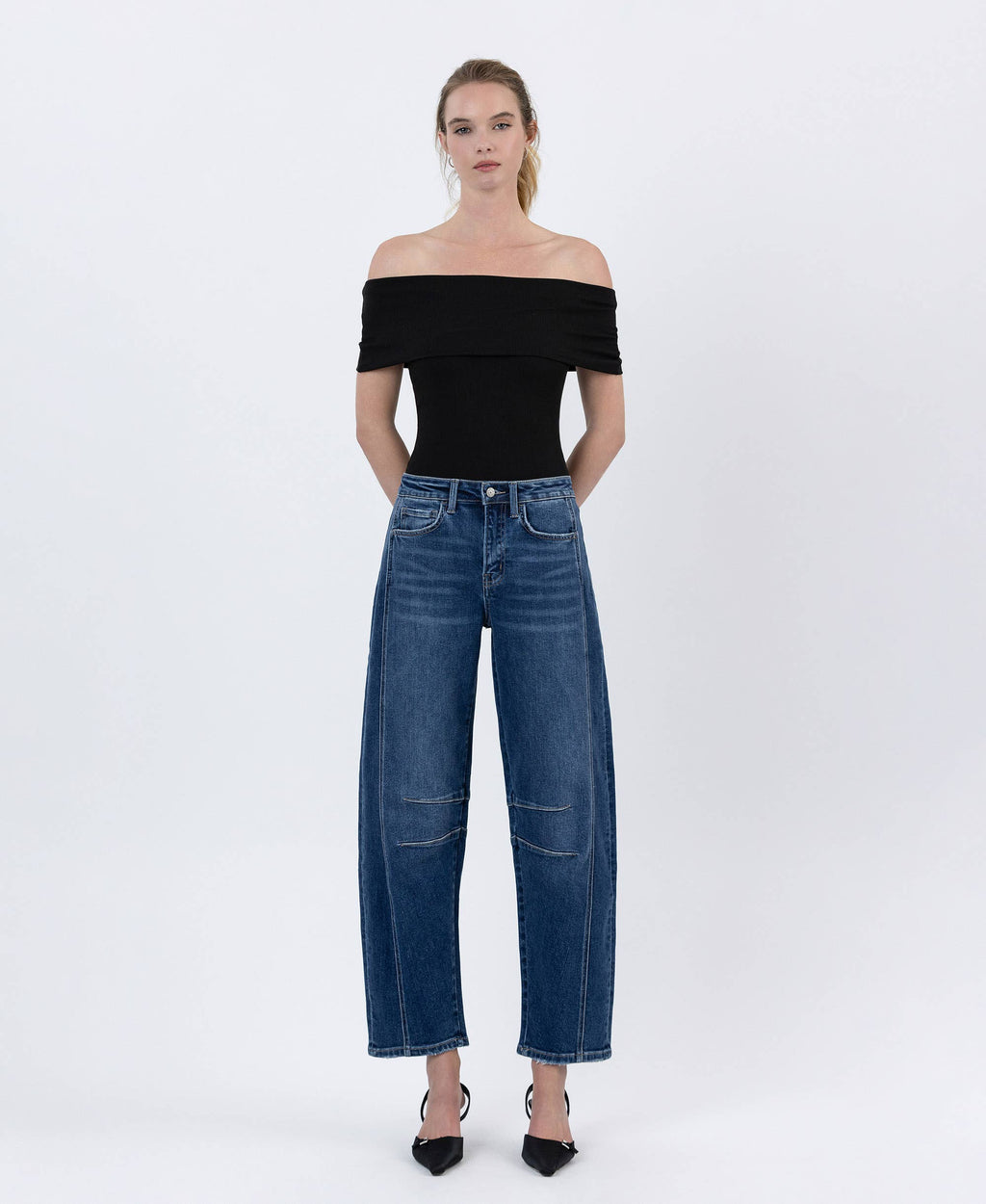 HIGH RISE DARK WASH BARREL LEG JEANS