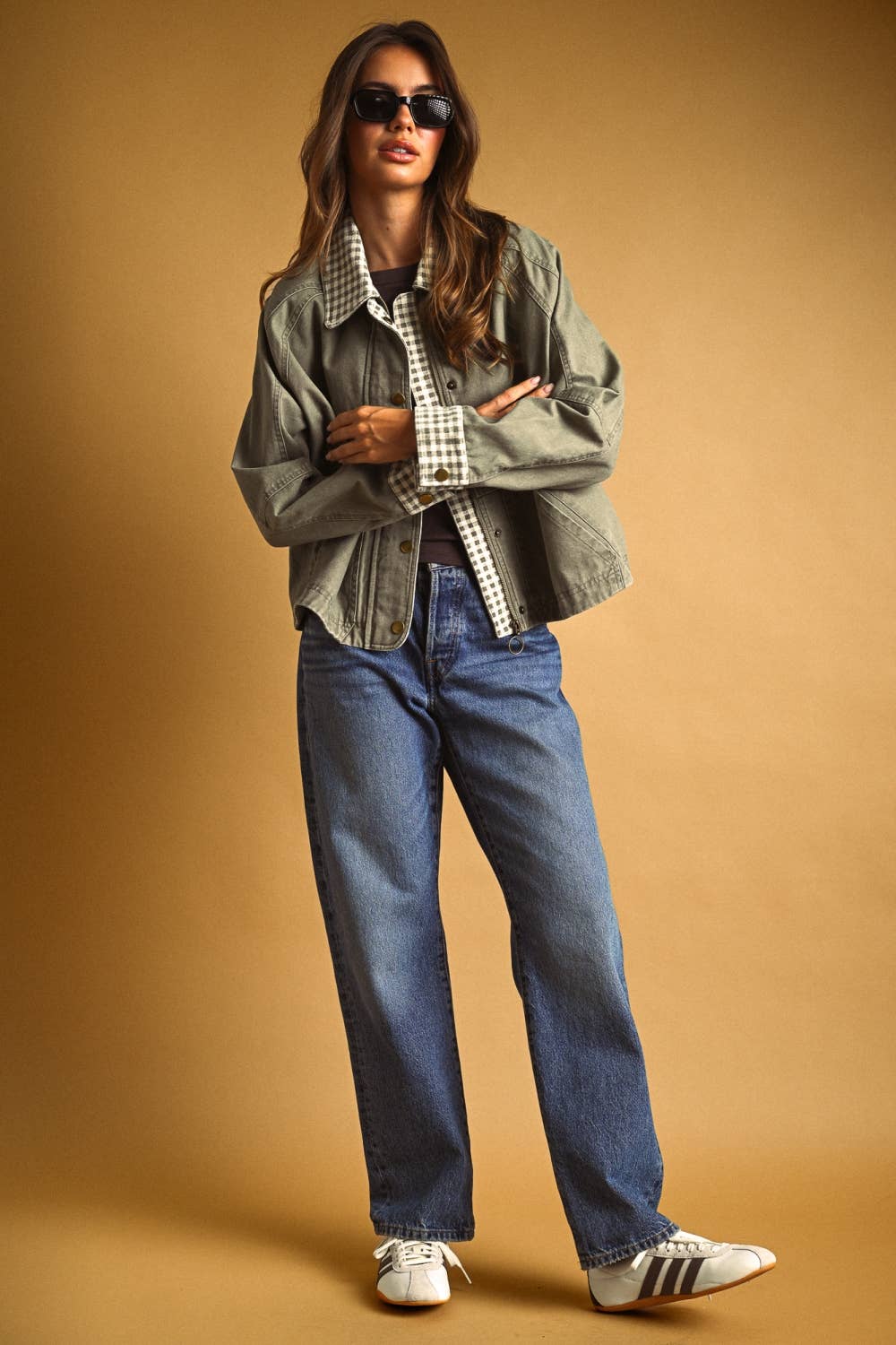 GINGHAM COLLARED TWILL JACKET