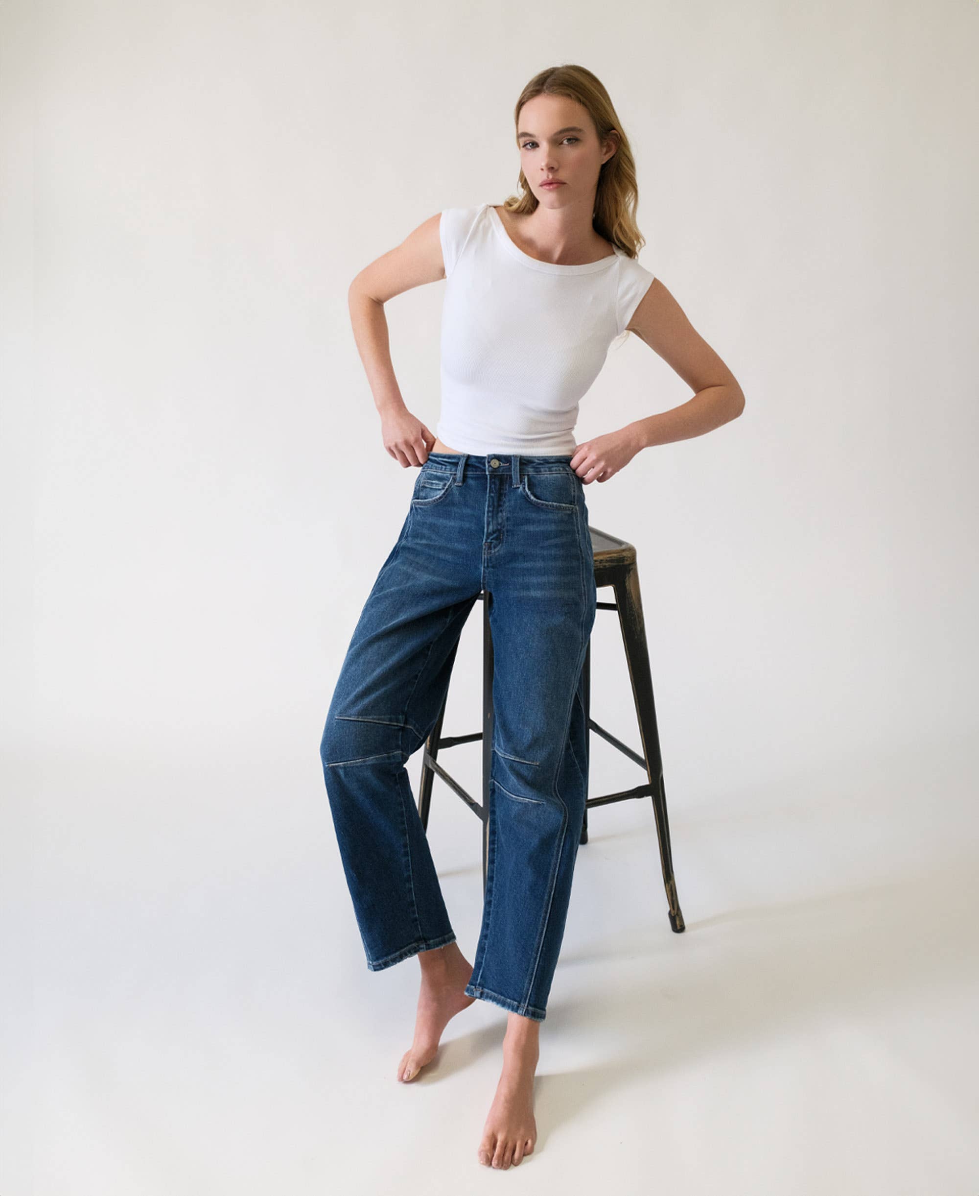 HIGH RISE DARK WASH BARREL LEG JEANS