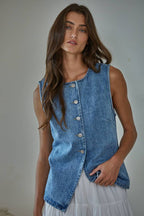 Denim Cotton Viscose Polyester Button Down Vest Top