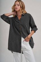 PIN STRIPE LINEN BLEND OVERSIZED SHIRT TOP