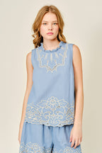 EMBROIDERED RUFFLE NECK SLEEVELESS BLOUSE