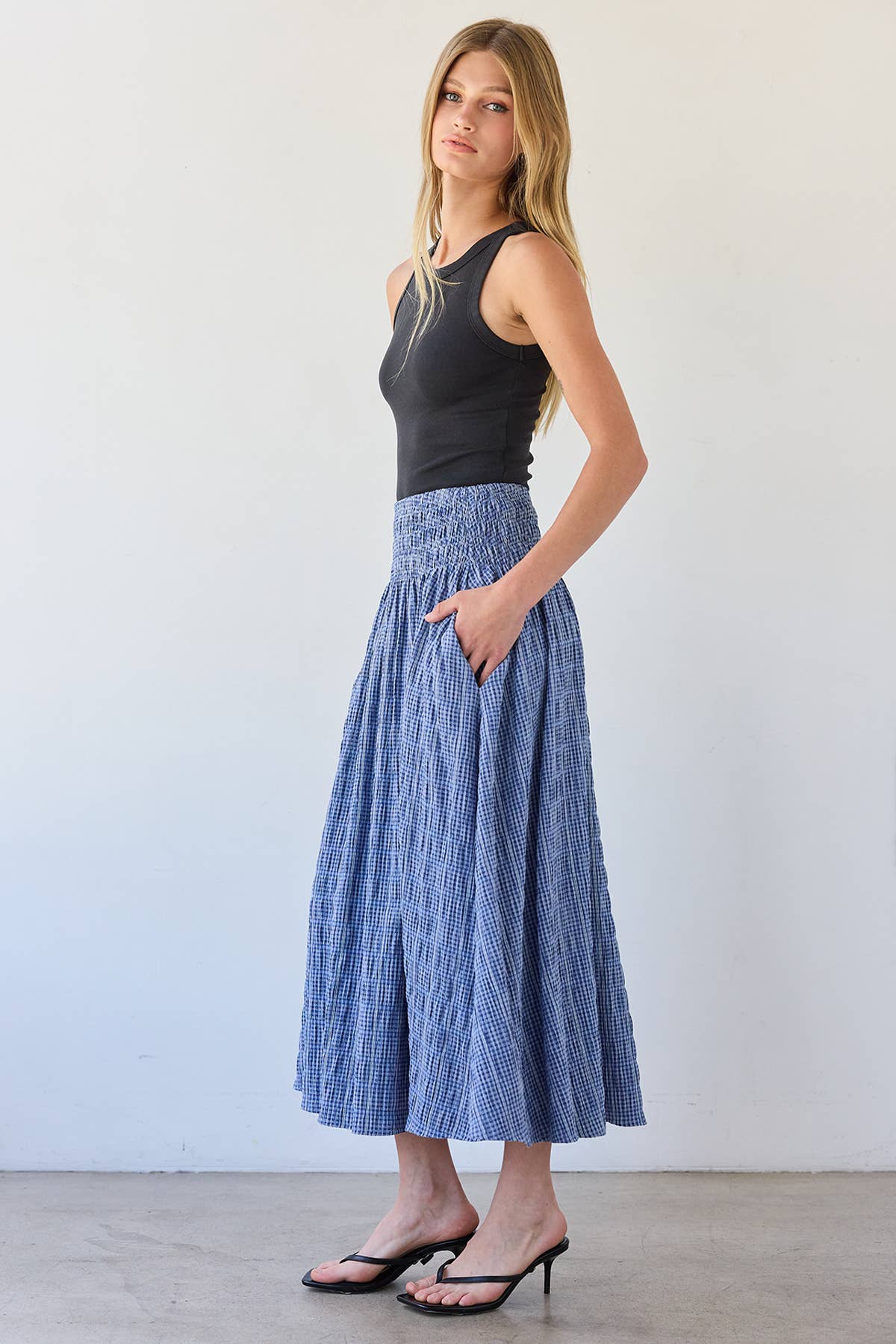 Smocked Waist Check Midi Skirt