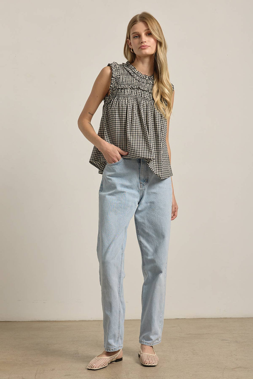 GINGHAM RUFFLE BLOUSE