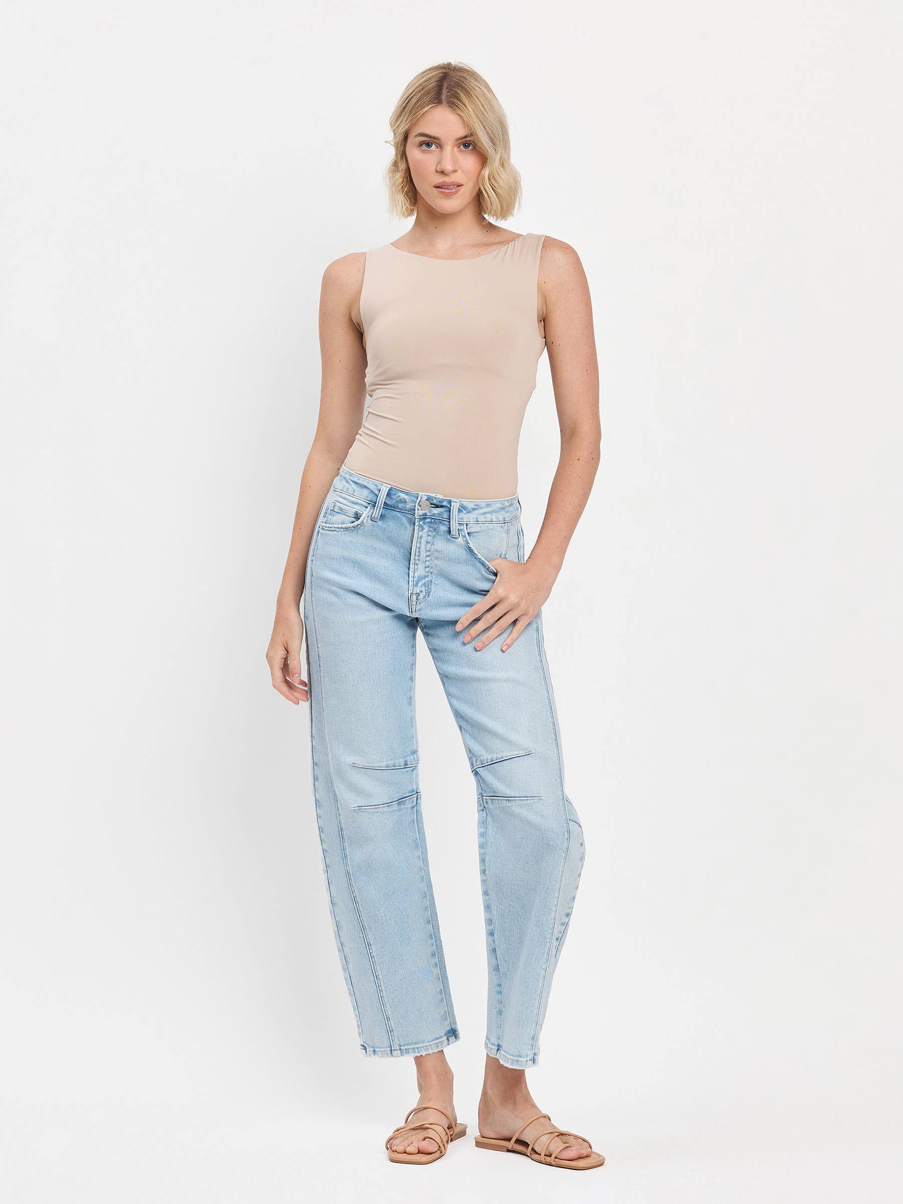 HIGH RISE LIGHT WASH BARREL LEG JEANS