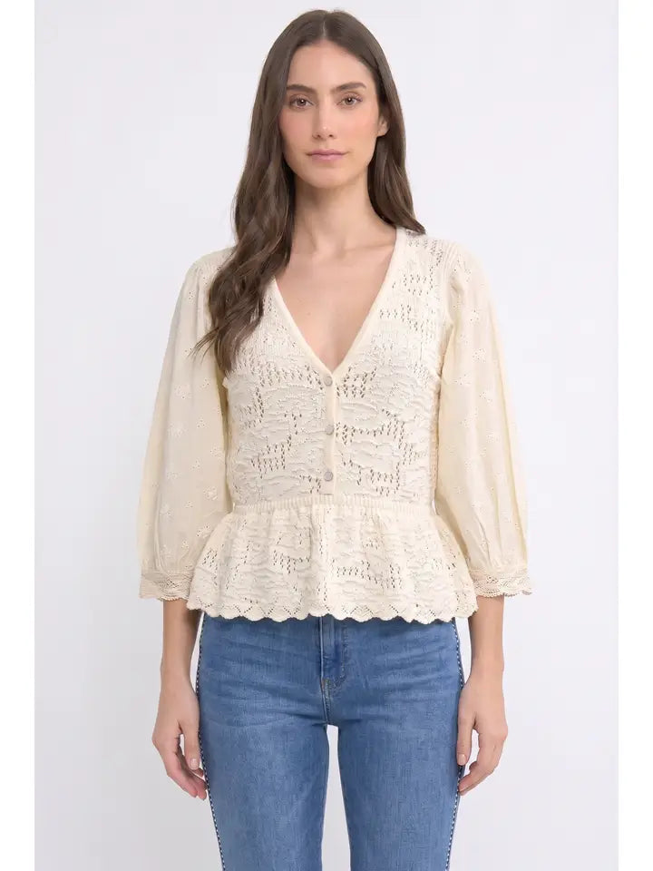 Peplum Eyelet Sleeve Knit Blouse
