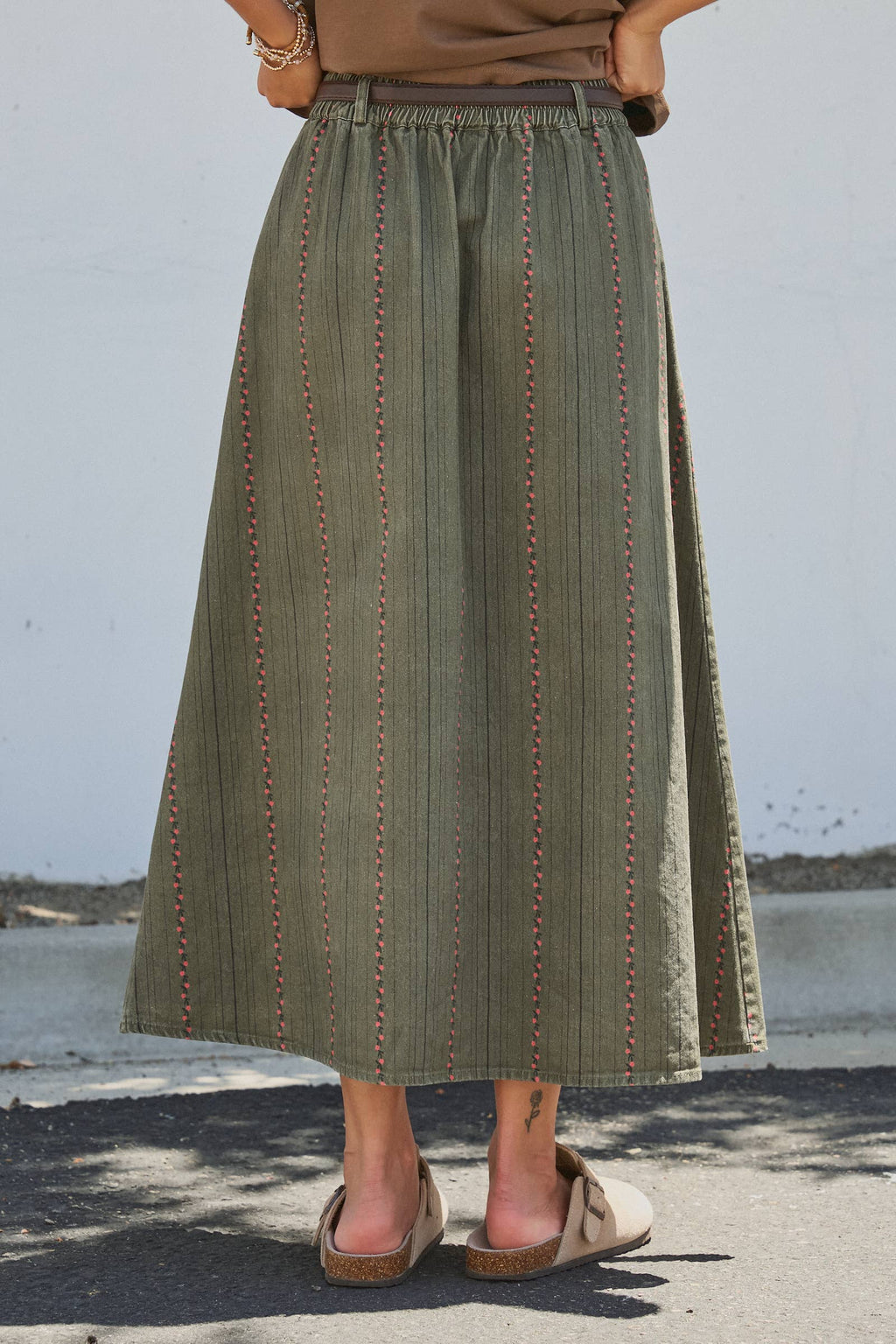 Embroidered Cotton Twill Belted Midi Skirt