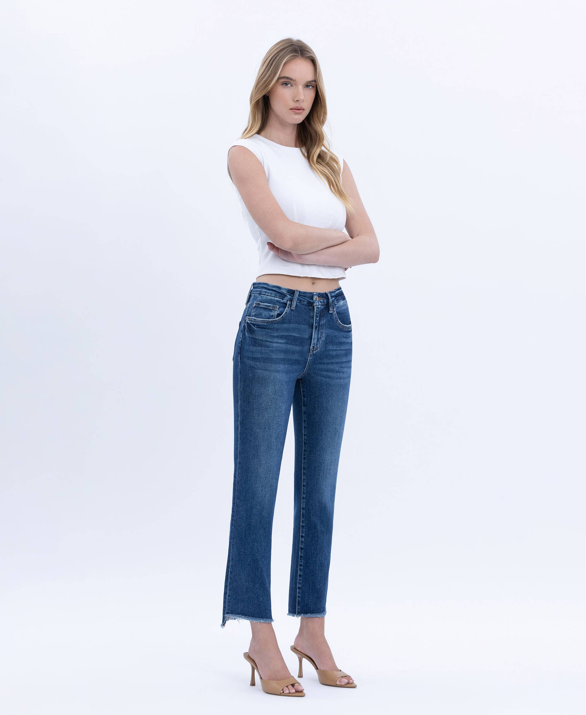 HIGH RISE RAW SLANT HEM SLIM STRAIGHT JEANS