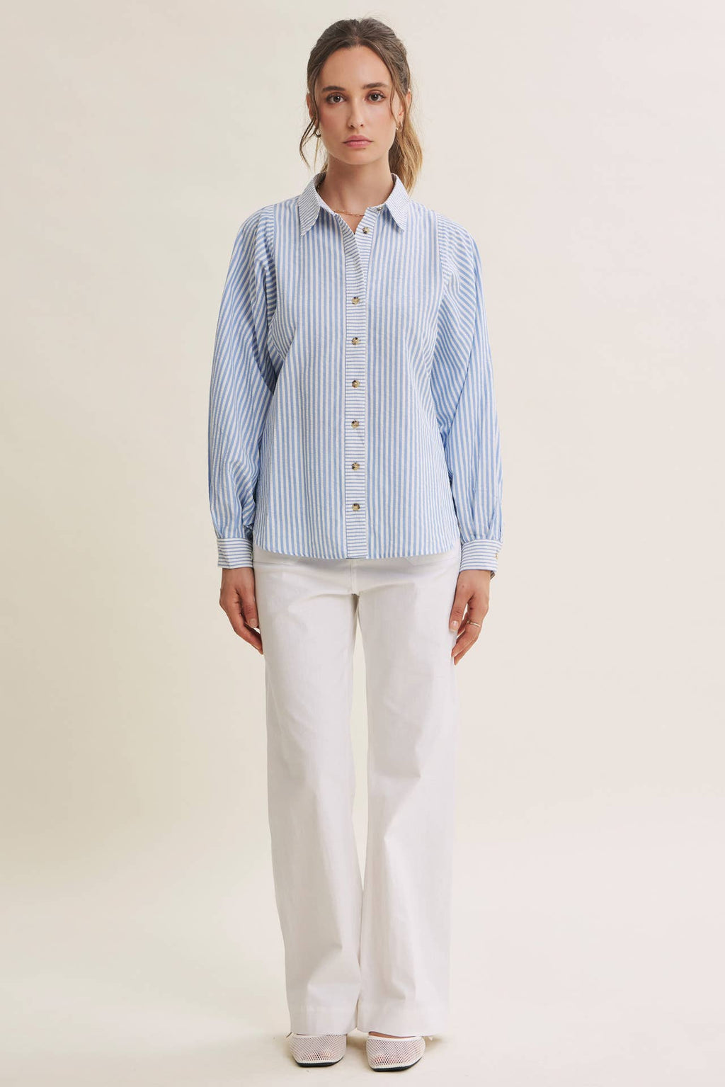 FRENCH CAFE MIXED STRIPE BATWING BUTTON-DOWN SHIRT
