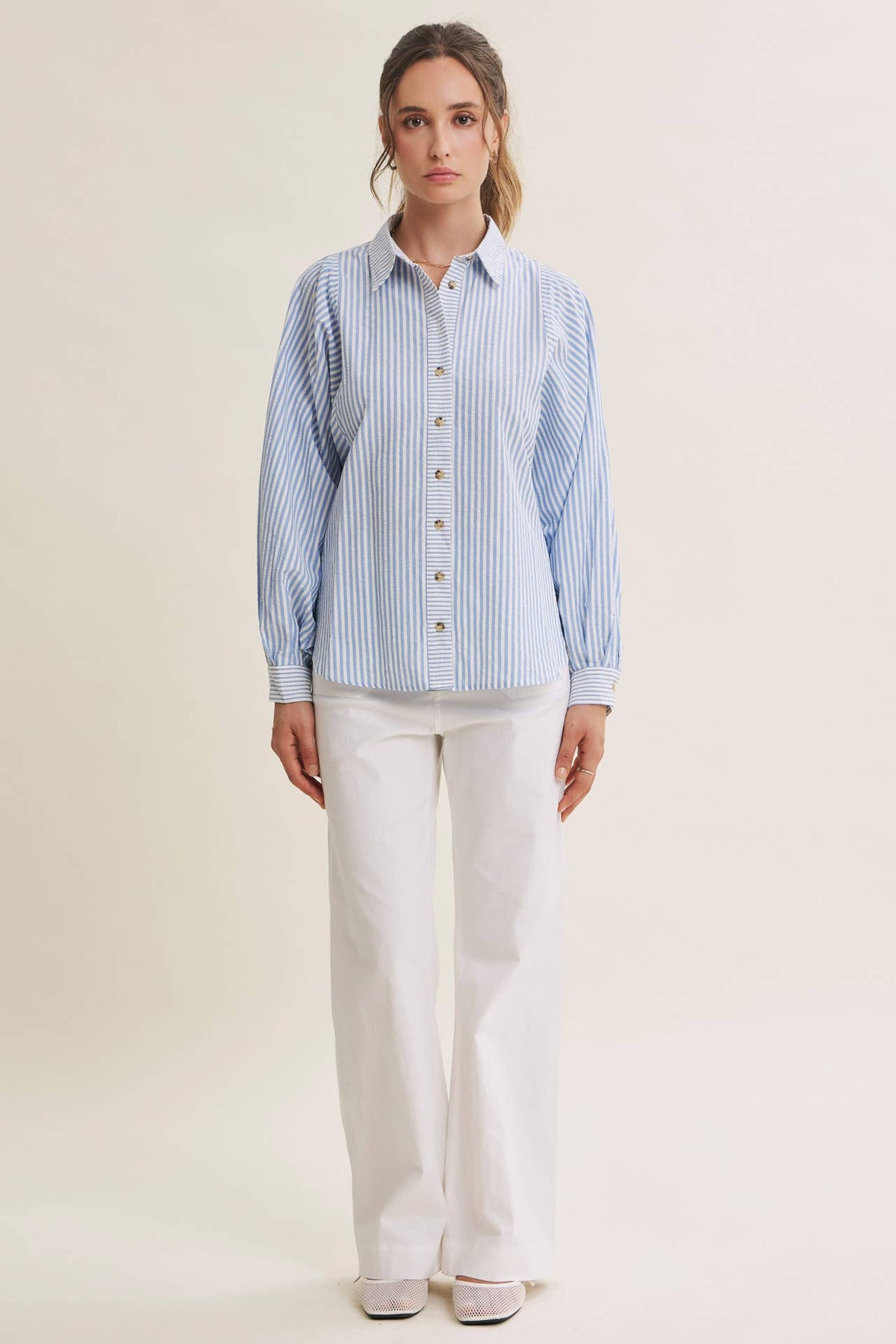 FRENCH CAFE MIXED STRIPE BATWING BUTTON-DOWN SHIRT