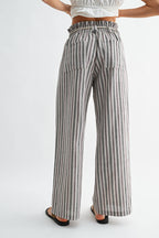Striped Linen-Blend Wide Leg Pants with Drawstring