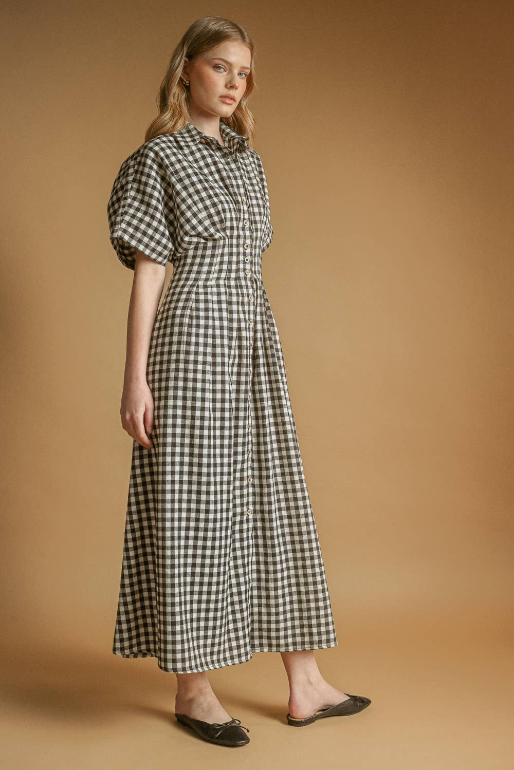 GINGHAM PATTERN BUTTON DOWN SHIRT DRESS