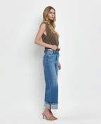 HIGH RISE MEDIUM WASH CUFFED WIDE JEANS