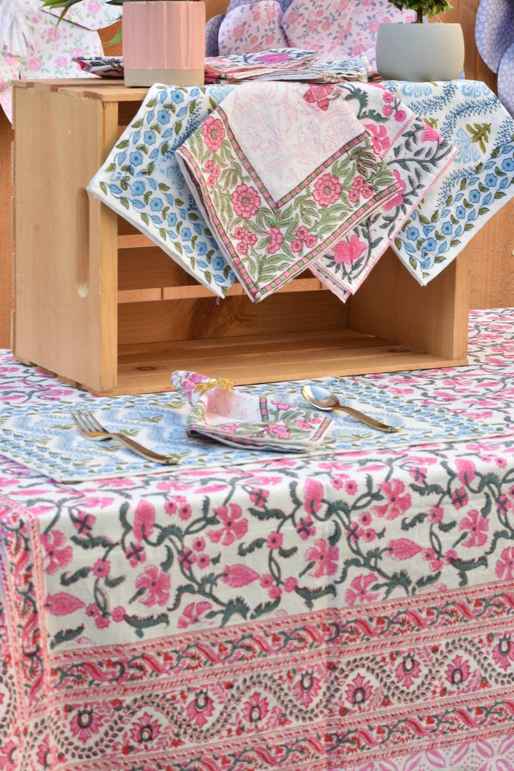 Pink Trail - Handblock Print Cotton Tablecloth